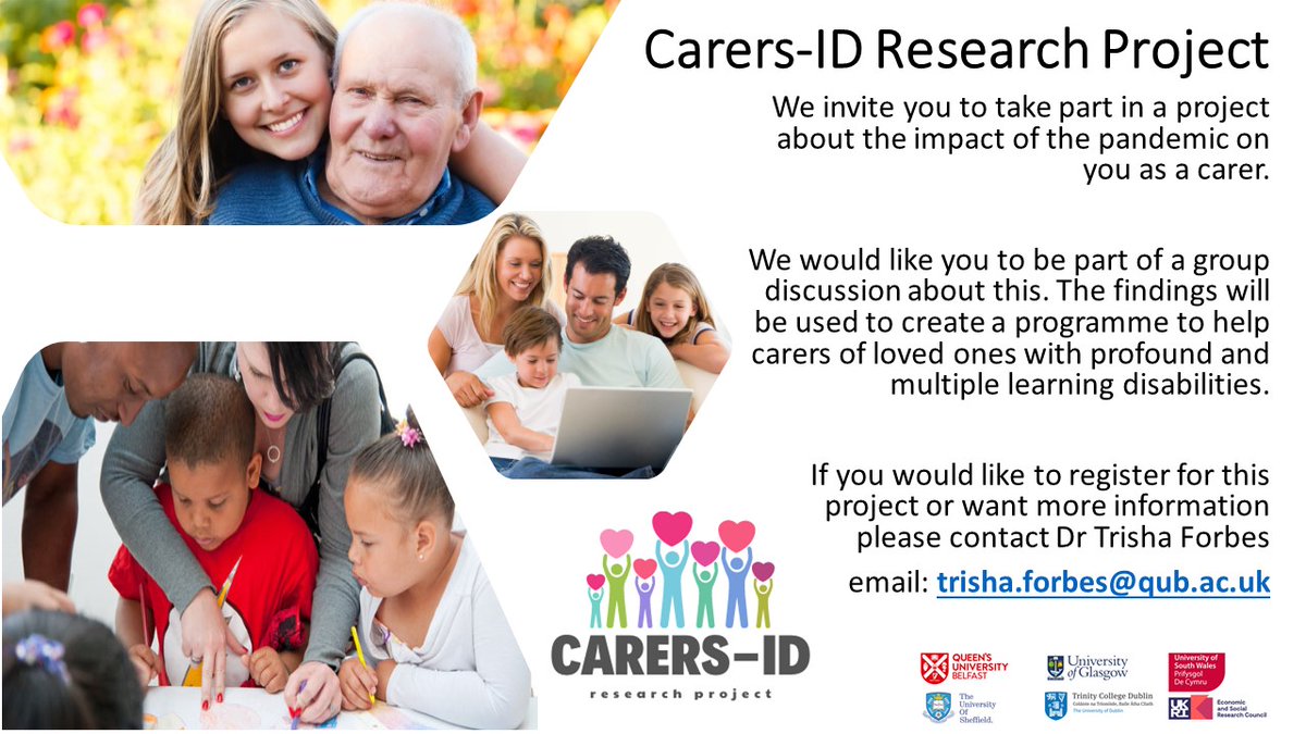 Carers_ID's tweet image. We are recruiting! If you are a family carer of someone with a severe or profound &amp;amp; multiple learning disability we would love to hear from you. Have your voice heard in a safe &amp;amp; supportive environment &amp;amp; receive a £20 voucher as a thank you. Please contact trisha.forbes@qub.ac.uk