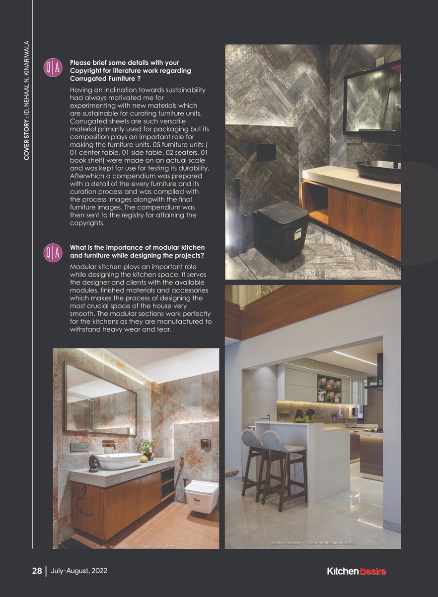 KitchenDesire's tweet photo. We're delightfully sharing the interview of ID. Nehaal kinariwala, Interior Designer at Studio Anecdote!
#Interiordesigner #magazineinterview #magazine #Kitchendesire #kitchendesiremagazine #hireinterior #KitchenDesireMagazine #ModularKitchenMagazine #KitchenMagazine https://t.co/wIafXBAPvp