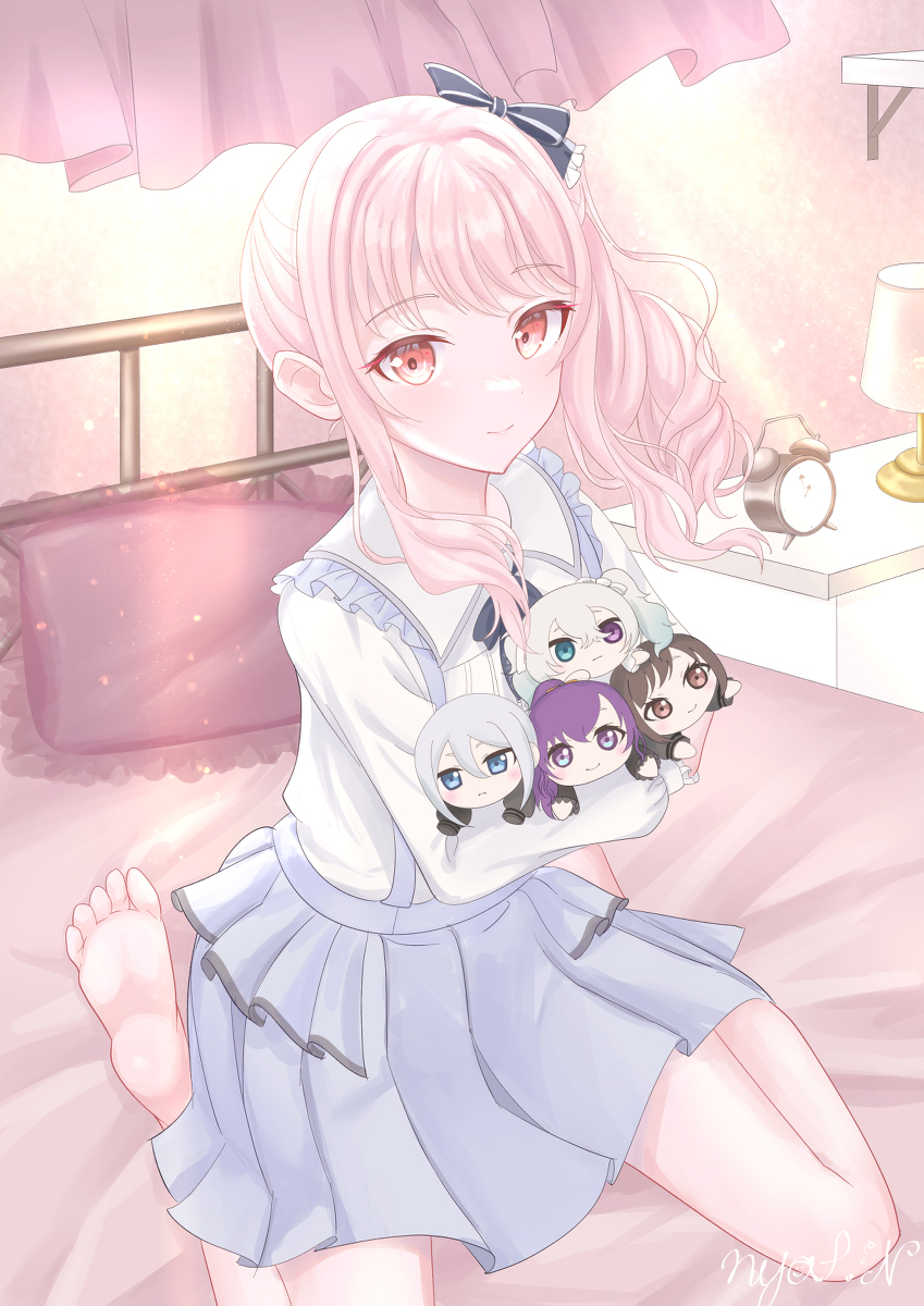 character doll 1other pink hair on bed skirt pink eyes barefoot  illustration images