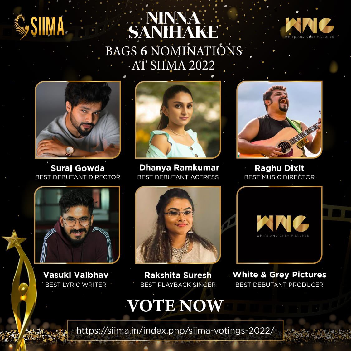 We are thrilled to annouce that Ninna Sanihake has got 6 nominations in SIIMA Awards 2022. Please vote now and show us your support. Click on the link below to cast your votes. siima.in/index.php/siim… #SIIMA2022 #SiimaNominations @Raghu_Dixit @DhanyaRamkumar @NinnaSanihake