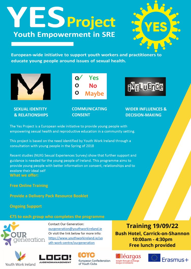 Do you work with young people? Want to provide a #sexualhealth awareness programme to them but not sure how? Then sign up for YES facilitator training with <a href="/ywirl/">Youth Work Ireland</a> 👉bit.ly/3T0ovN8
🗓️ Monday 19th Sept 2022
🕙10.00am - 4.30pm
🏨Bush Hotel, Carrick-on-Shannon
🥪FREE lunch
