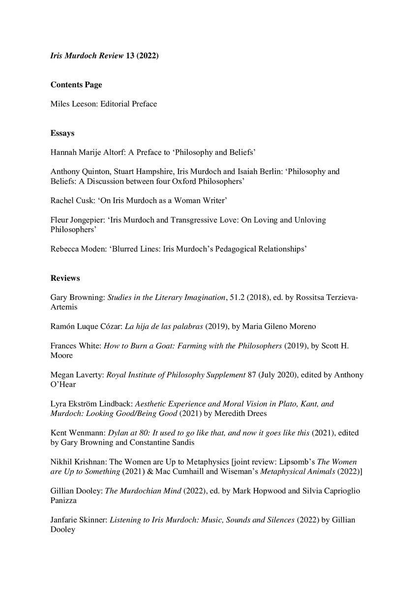 miles_leeson's tweet photo. It's the @IrisMurdoch Review 13 Cover and Contents Reveal! Great work by @sommercarol on the cover, and loads of great material inside thanks to @DrAltorf, @fleurjongepier, @RebecMo, @fcpwhite,#DanRead and many more.
Join us here
👇
https://t.co/vssXrDNAwR https://t.co/WN7IgrpO8r