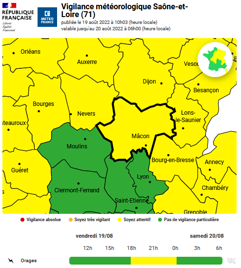 Prefet71's tweet photo. #Orages #VigilanceJaune | La Saône-et-Loire est en vigilance jaune orages pour un épisode attendu en début de soirée et dans la nuit. https://t.co/IiDpsWTSiY