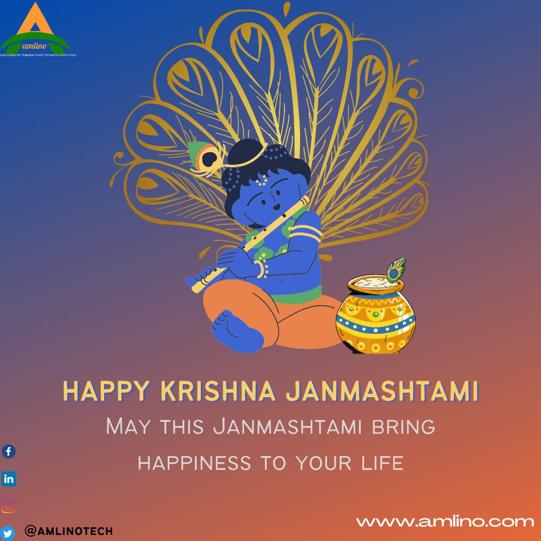amlinotech's tweet photo. Happy Krishna Janmashtami 🦚
May this janmashtami bring happiness to your life!! 
#happyjanmashtami2022 #janmashtamispecial #janmashtami2022 #softwarecompany #softwaredevelopment #digitalamarketing #digitization #informationtechnology #indianfestival #indianculture https://t.co/JsbdK3hDSf