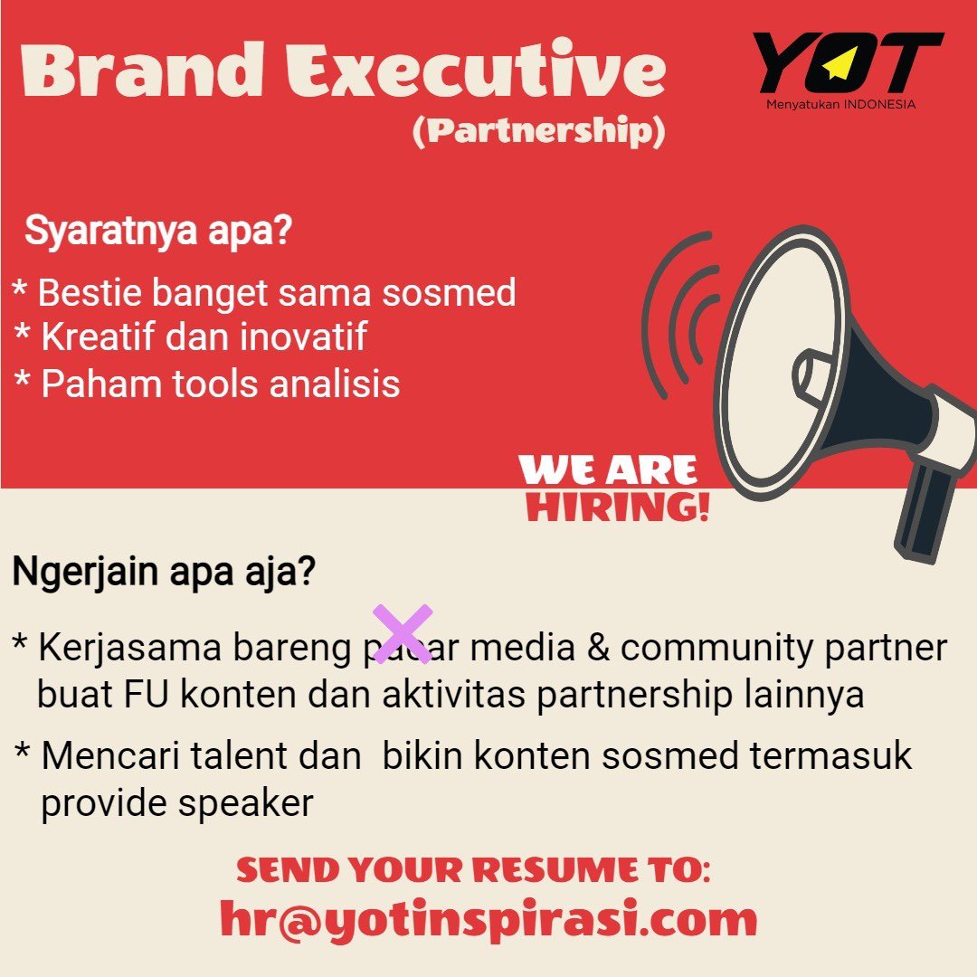 connext_app's tweet photo. @YoungOnTop LOWONGAN PEKERJAAN BRAND &amp; PARTNERSHIP ✨

Kuy jadi bagian dari Young On Top. Buruan kirim CV &amp; portofolio kamu ke hr@yotinspirasi.com 😍 https://t.co/p5sbJjlodO