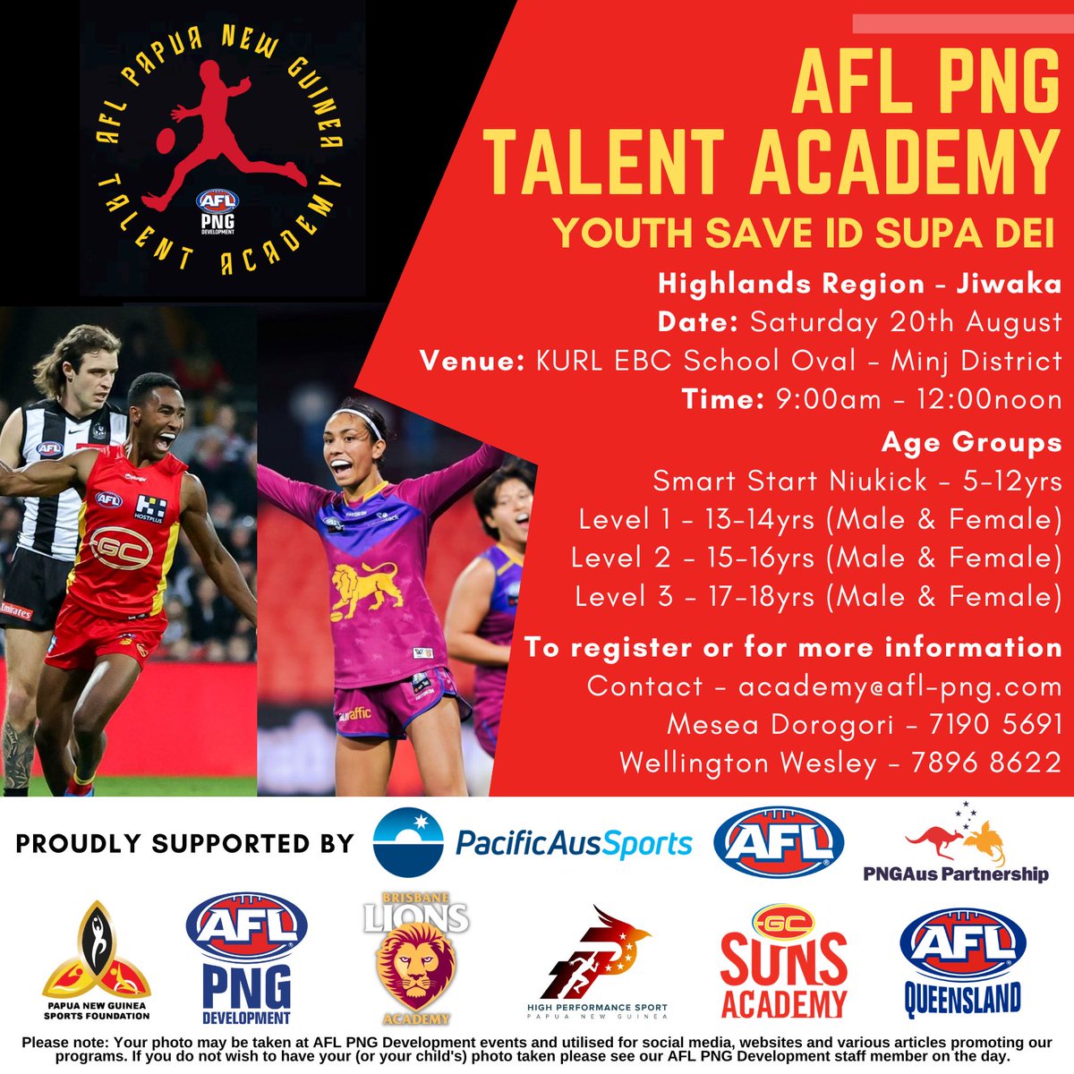 The AFL PNG National Talent Academy are hosting the first of many Talent ID days across 🇵🇬

For those in Jiwaka, the Highlands Region Talent Academy team will be in Minj District Saturday 20th August. 

#AFLPNGTalentacademy #HighlandsRegion #PacificAusSports #PNGausPartnership 🇵🇬