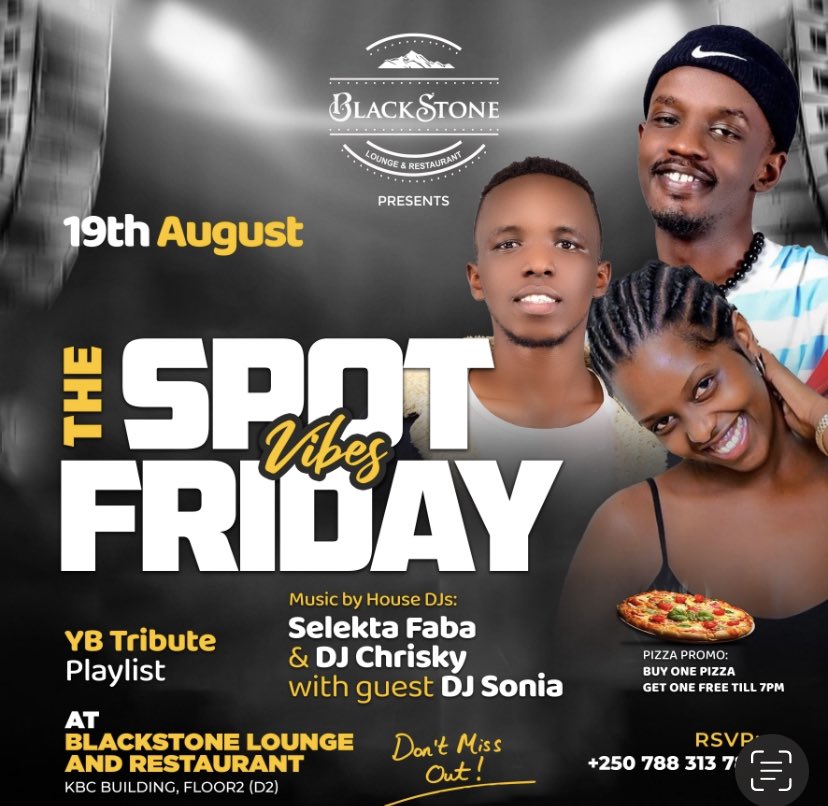KigaliLounge's tweet photo. GM #Rwot🌞
The spot is inviting you for a night of vibes and #delcious FREE pizza!🥰
•
House DJs #selektaFaba & #DjChrisky ft #DjSonia are ready to entertain you with a #good playlist! 🔥
•
We’ve got a #YB tribute playlist too🙏🏿🕊
•
DON’T MISS OUT!!!
#YouKnowTheSpot https://t.co/xfTddRBGmT