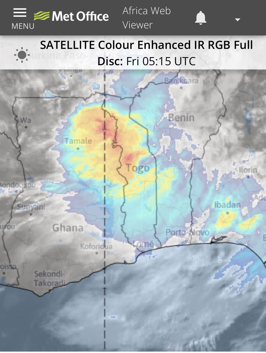 GhanaMet's tweet photo. It’s raining over parts of the northeast. The clouds are expected to drift to the northwest this morning.
Southern Ghana will generally be cloudy with slight to moderate rain especially over the forest and transition areas. https://t.co/LwChcoVXlN