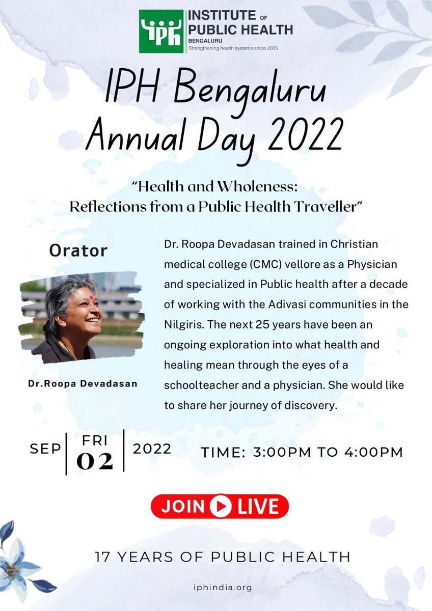 Catch us Live! 📣 Everyone is cordially invited to attend our annual day oration series with Dr. @DevadasRoopa ✨ She will be talking about “Health and Wholeness : Reflections from a public health traveller” You can watch here - youtu.be/8xhRIaXLGkQ