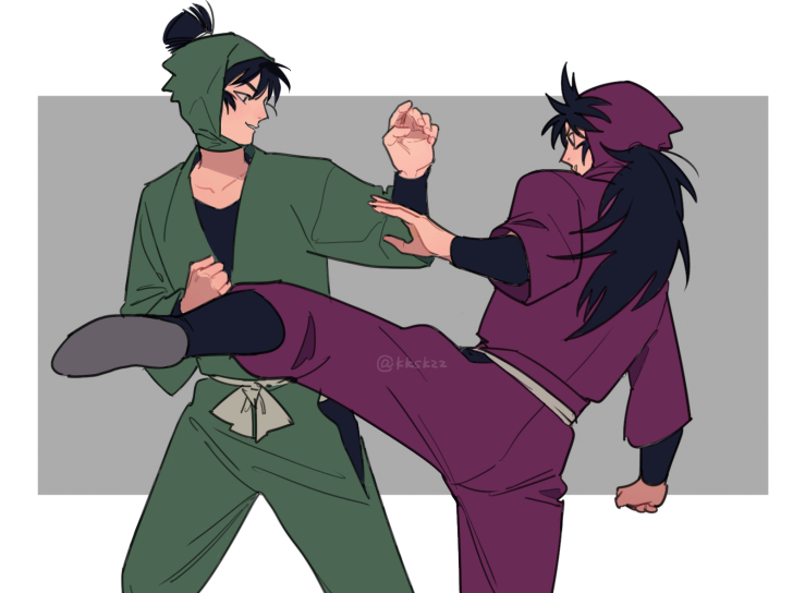 multiple boys 2boys long sleeves male focus ninja looking at another green headwear  illustration images