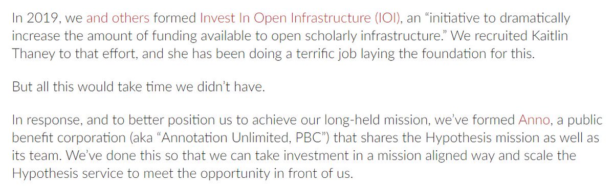 Hypothesis: 'Say Hello to Anno' [A new for-profit public benefit corporation]. I wonder how @InvestInOpen feels about this. And I wonder how open infrastructure advocates feel about it?] web.hypothes.is/blog/say-hello…