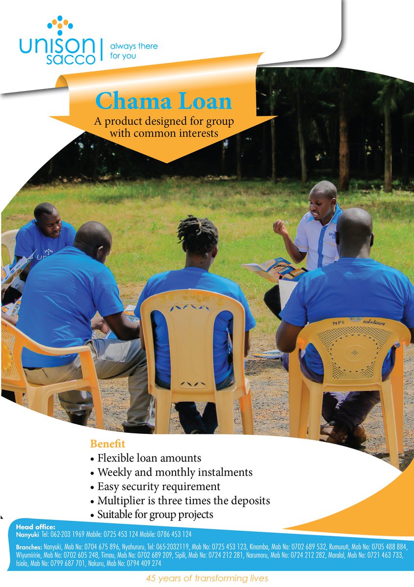 UnisonSacco's tweet photo. Are you part of a Chama or Investment group?
 
Enjoy flexible repayment periods and low  interest rates when you sign up for our Micro credit loans.

 For individual members get upto *5 your deposits and any type of financing as the whole group.

#chamaloan
#unisonsacco https://t.co/vsGal6sjqM