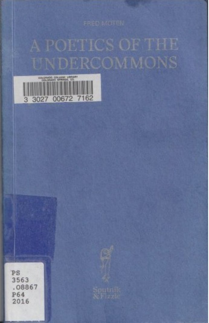 DavidCh27992090's tweet photo. Learning a lot from #FredMoten's #Poetics of the #Undercommons - lecture from 2014 about his analytical shift from epistemology/politics (world of things) to poetics (world of no-thingness) via Frank Wilderson, Denise Ferreira da Silva and Nahum Chandler https://t.co/bDgBgqZGFT https://t.co/u3DjwDm0ZW