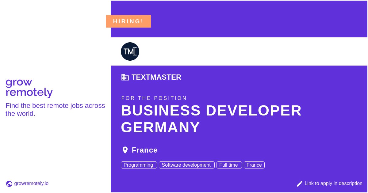 growremotelyio's tweet image. Check out this job at TextMaster for the position Business Developer Germany.

 Apply link: growremotely.io/?id=62fed4c519…

#hiring #remotejobs #TextMaster #Programming