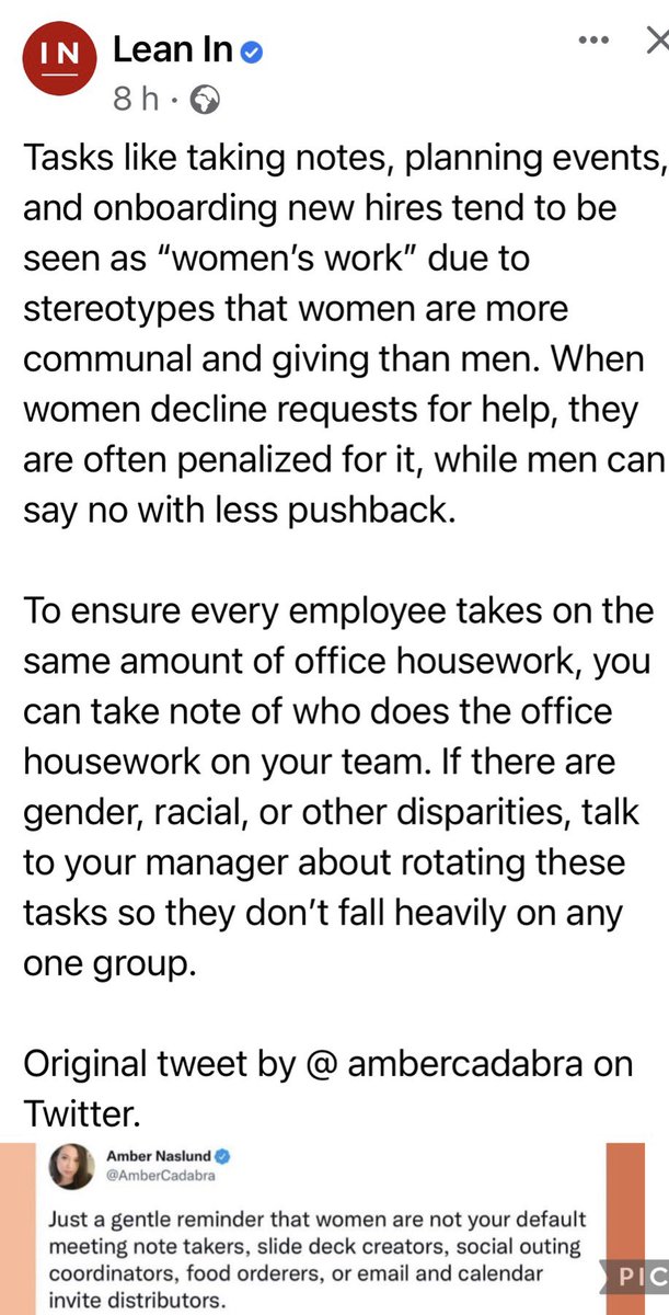 NikkiAlderson2's tweet photo. “Who does the office “housework” on your team?”
Talk to managers about any gender/ racial/ other disparities to ensure fair rotation of such tasks
#officehousework #genderstereotypes #genderdisparities
Credits Lean In on Facebook& @AmberCadabra on Twitter https://t.co/jm72XCCied