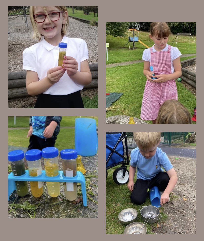 WildChildF0rest's tweet image. The children spent hours creating many potions which were all different colours - made from crushing grass, dandelions, mud and leaves.  They tried other items but they didn’t work 🍃 🌸 #chemistry #scienceexperimentsforkids #potions #exploringnature #learningoutdoors