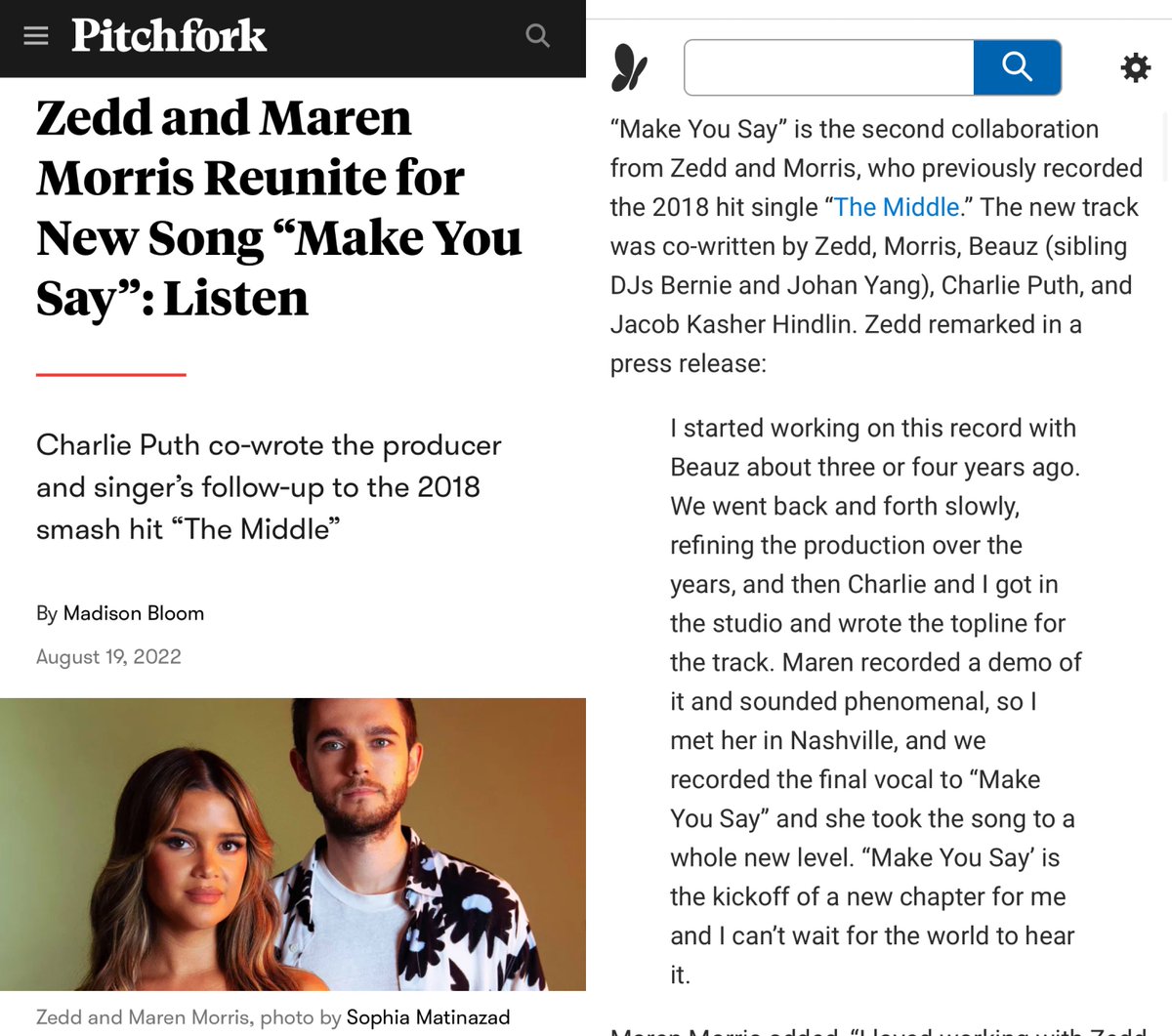 8787cp's tweet photo. #MakeYouSay by @zedd @MarenMorris (co-written by @charlieputh & #Jkash
”I started working on this record w/ Beauz abt 3,4 yrs ago. We went back and forth slowly, refining the production over the yrs, and then Charlie and I got in the studio and wrote the topline for the track.” https://t.co/E79prUa1lr
