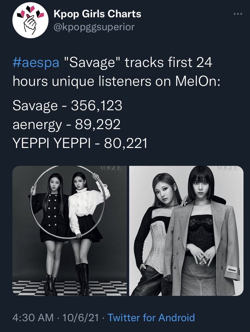 lordellea's tweet photo. Y’all need to stop acting like savage was a flop when it is:

-The fastest 4th gen song to hit #1 on Melon Top 100
-The fastest 4th gen song to get a RAK
-The 4th gen song with the most uls in the 1st hr: 57,976
-The 4th gen song with the most uls in the 1st 24hrs: 356,123

++ https://t.co/MhUmIOtcG5
