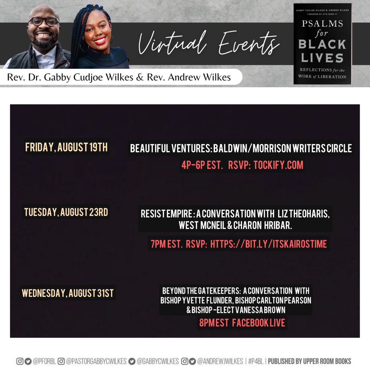 PForBL's tweet photo. In addition to #WilkesWednesdays, authors @AndrewJWilkes &amp; @GabbyCWilkes will join virtual conversations from time to time. First up is a virtual event with @MelindaWeekes &amp; Beautiful Ventures TONIGHT, August 19th from 4-6pm est. #psalmsforblacklives. https://t.co/2vuGMQ9kUM