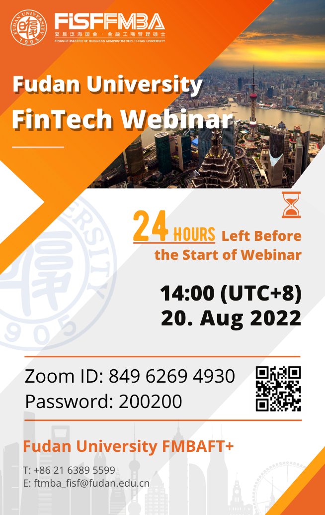 FudanFisf's tweet photo. 14:00 (GMT+8) 20th Aug, Fudan University invites Dr. Michael Sung to bring you an open class on the theme of "China’s Global Leadership in Digital Finance". Click the link to Zoom: https://t.co/1LBVDcvHt1

14:00 (GMT+8) 20th Aug
Zoom ID: 849 6269 4930
Password: 200200 https://t.co/XmZSqB2ETc
