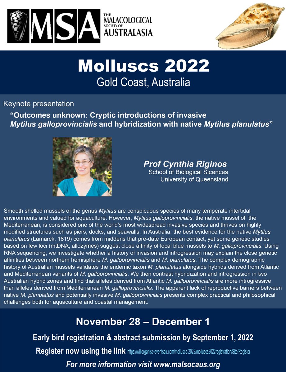 Our second keynote speaker for Molluscs 2022 is Cynthia Riginos! malsocaus.org/?page_id=1197 #Molluscs #MolluscResearch #Mussels #Mytilus
