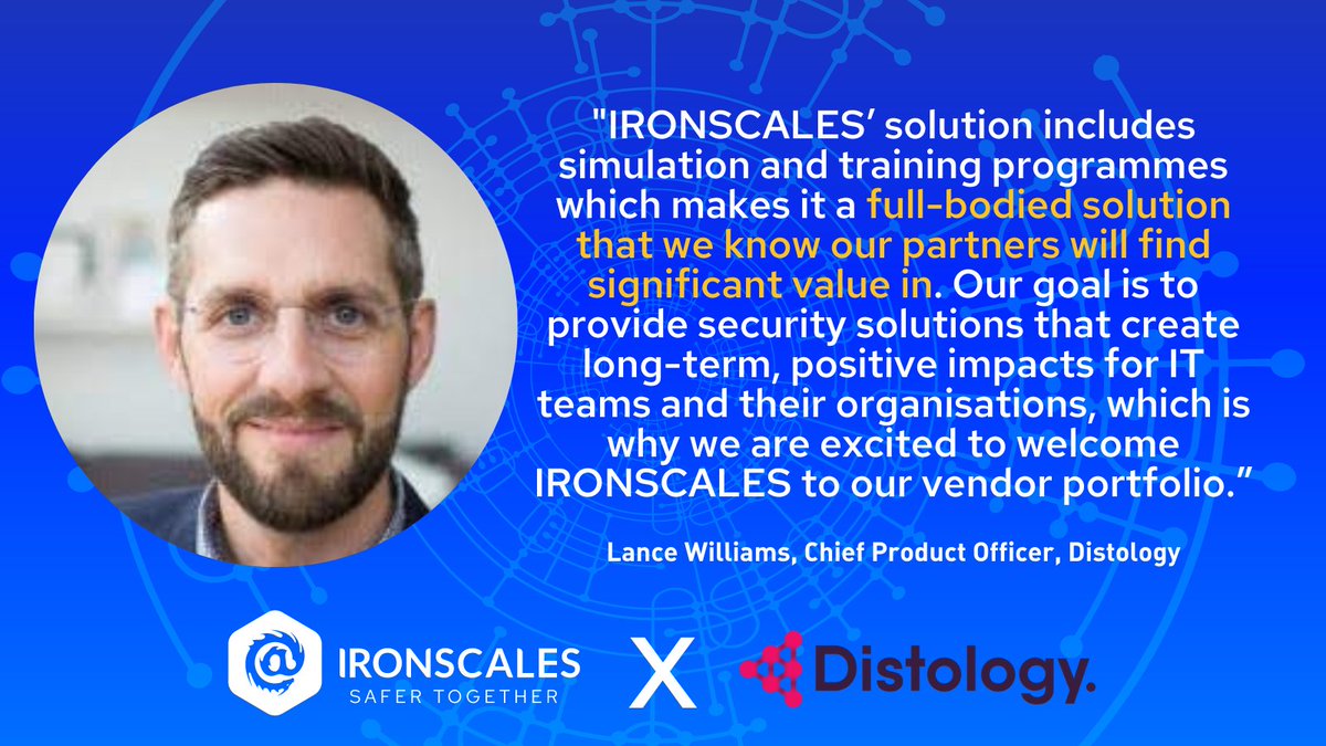 IRONSCALES's tweet photo. π° Have you heard the news?
We are joining forces with @Distology to enable greater distribution of our #emailsecurity solution to protect organizations from #phishing.
Read more about this partnership here: https://t.co/hZquKLJscJ
#IRONSCALES #Distology #EMEA https://t.co/58Qpe3H9jl