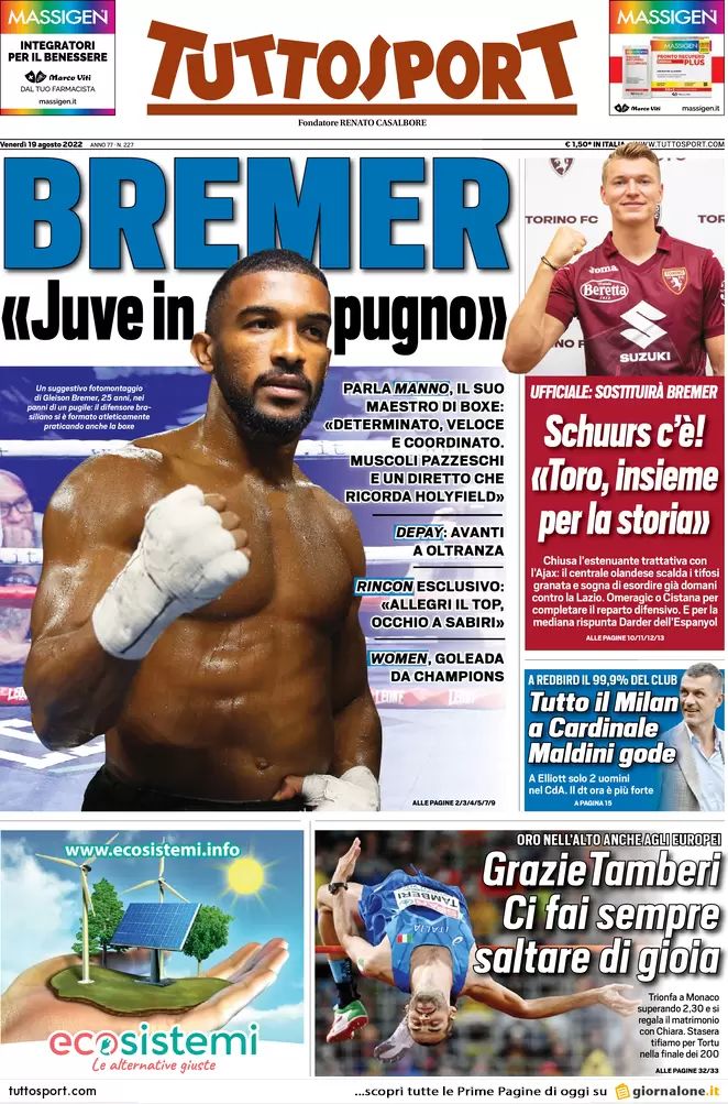 karda70's tweet photo. #primapagina #giornalisportivi 📰 #19Agosto #rassegnastampa #edicola #EdicolaKarda
#Tamberi #monaco2022 #vuelta2022
#FiorentinaTwente
#Calciomercato #Juventus #Milan #Inter #AsRoma #Napoli
#Depay #paredes #Belotti #Raspadori #Simeone #Rabiot
#SerieBKT #SerieB #Proudtob https://t.co/t693oJNjX5