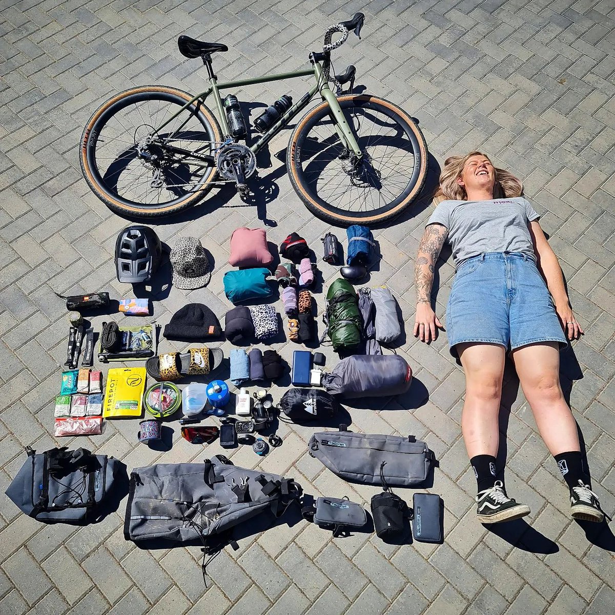 CoticLtd's tweet photo. Who doesn't love a good #KitGrid? 

@kellbellandbikes should have just finished a mega 5 day bikepacking yomp around the East Devon trail with @komoot. 

She's packed the most important thing - a massive grin. Bikes are fun.

https://t.co/uBJ6wIEWl0 https://t.co/mPSlcx74jr