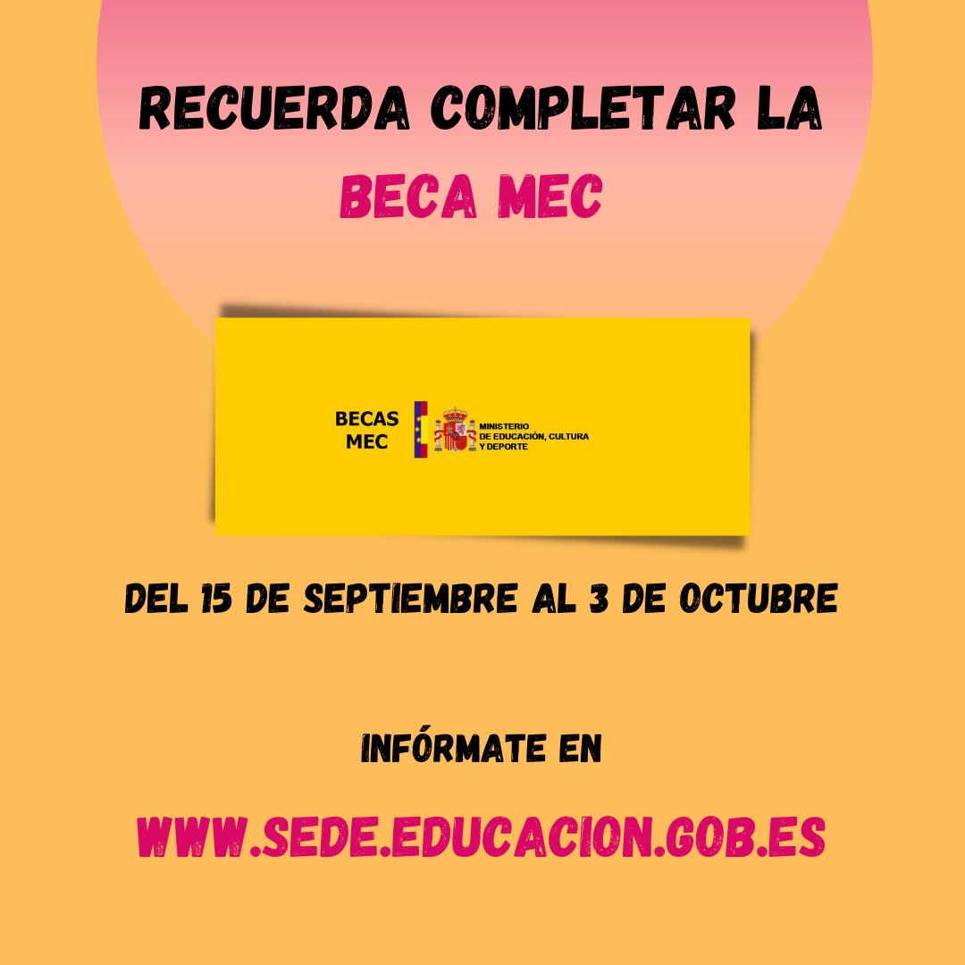 ¡Hemos vuelto de vacaciones!
⚠️¡Te recordamos que... no debes olvidar completar tu BECA MEC para poder recibirla!⚠️

📅Del 15 de septiembre al 3 de octubre de 2022

🔗Consulta el estado de tu Beca en este enlace bit.ly/2B89t4g

#becaMEC #Guadalinfo
