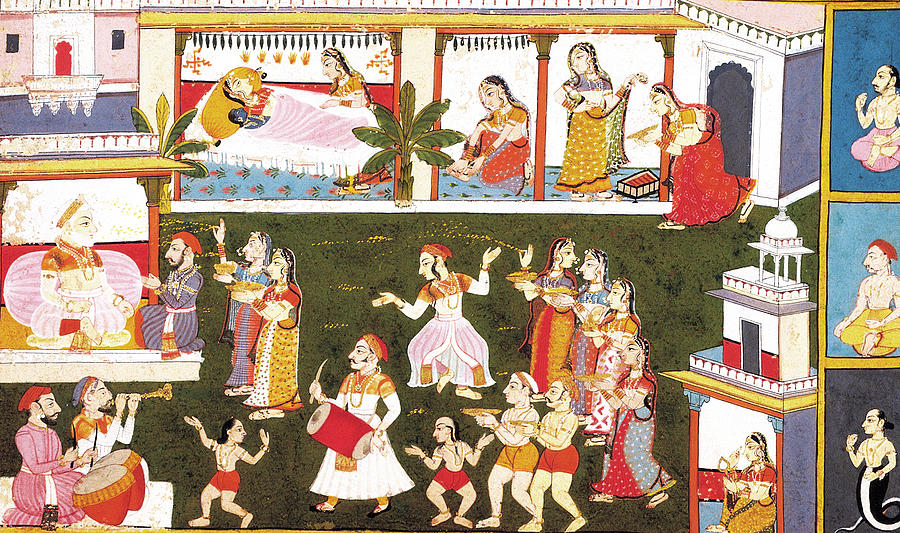 Raajanyaa's tweet photo. Celebrations at the birth of Krishna, Mewar, Rajasthan, India, 1720 AD ~ https://t.co/7O87hytTIq
