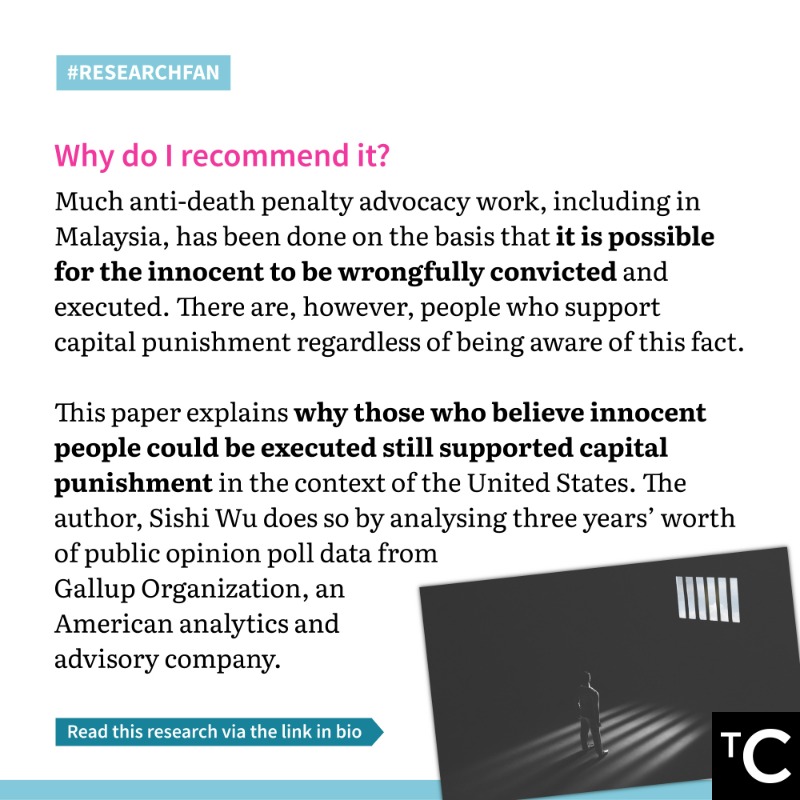 CentreMY_'s tweet photo. Do some supporters of the death penalty advocate it regardless of wrongful conviction rates? If so, why? This research recommended by TC Researcher and #ResearchFan, @jiavern_ explores the factors behind the support for capital punishment, and how they transcend demographics: