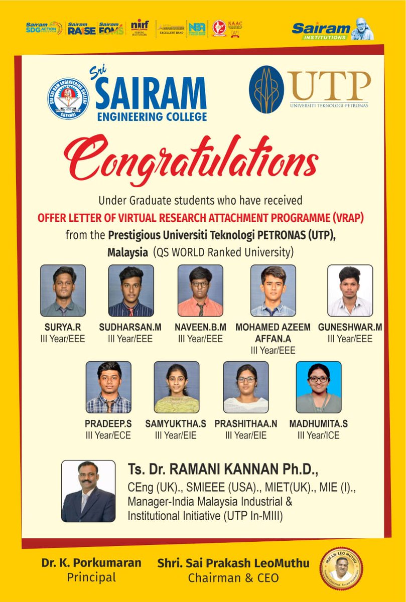 OfSsec's tweet photo. Budding Engineers towards global standards!!
   we are delighted to share that our students have received an offer letter for the VIRTUAL RESEARCH ATTACHMENT PROGRAMME(VRAP) from the prestigious university Teknologi Petronas(UTP) Malaysia. congratulations team!! https://t.co/kQCV6qhZxF