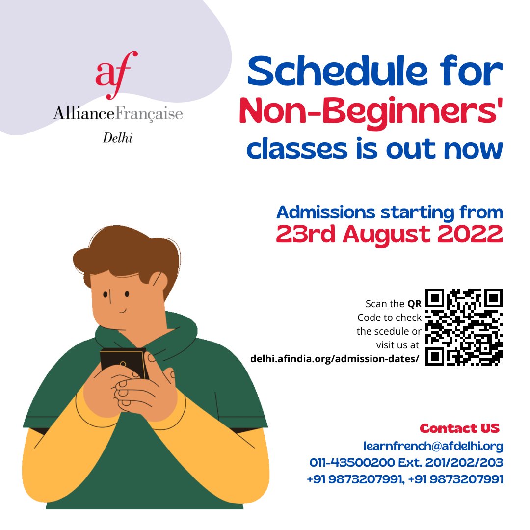 alliancefrdelhi's tweet photo. Schedule for Non-Beginners' classes is out now. Admissions are starting from 23rd August 2022 on first-come first-serve basis.
Scan the QR code or visit us at https://t.co/HITkDbABIl
#LearnFrench #NonBeginners #admissions #AFdelhi #AllianceFrancaise #Delhi #schedule https://t.co/Mbkih6IMo6