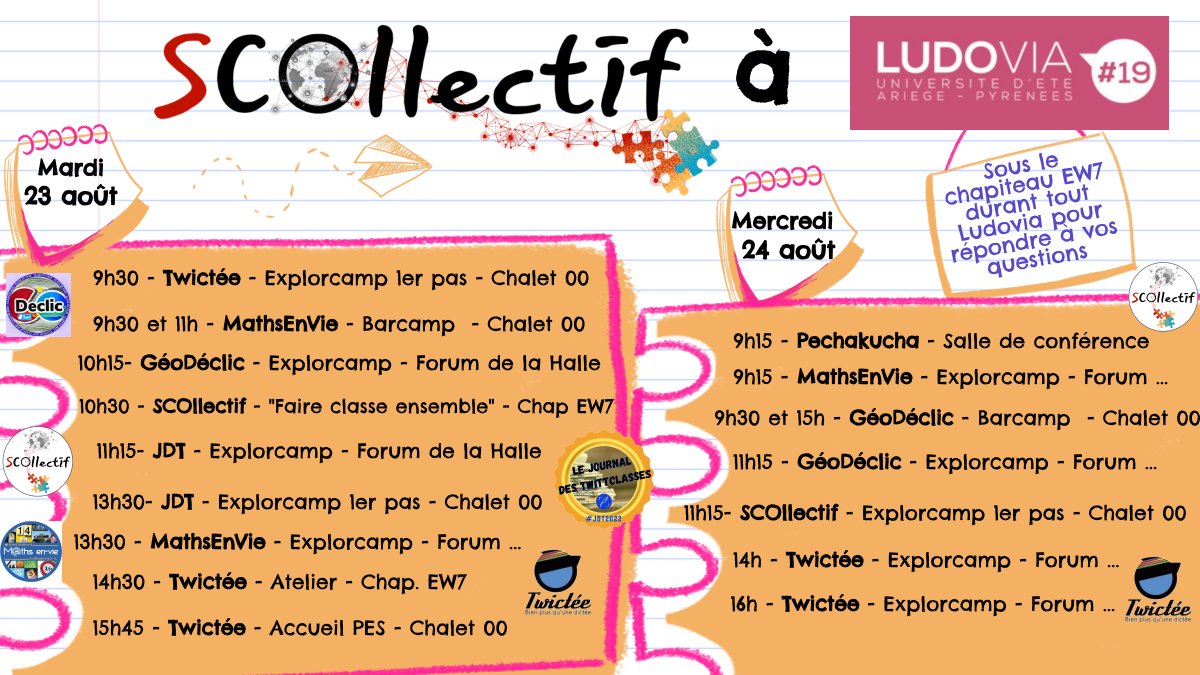 SCOllectif_asso's tweet photo. Rendez-vous dès mardi à #Ludovia19 @ludoviaORG pour découvrir les dispositifs de la nouvelle association #SCOllectif !
Voici le programme complet ⤵️ et retrouvez les ambassadeurs sur le stand EW7 avec les autres collectifs enseignants @PtChwrKFR @TeamLudens @TwicteeOfficiel ! https://t.co/Xx37qGAmZ5