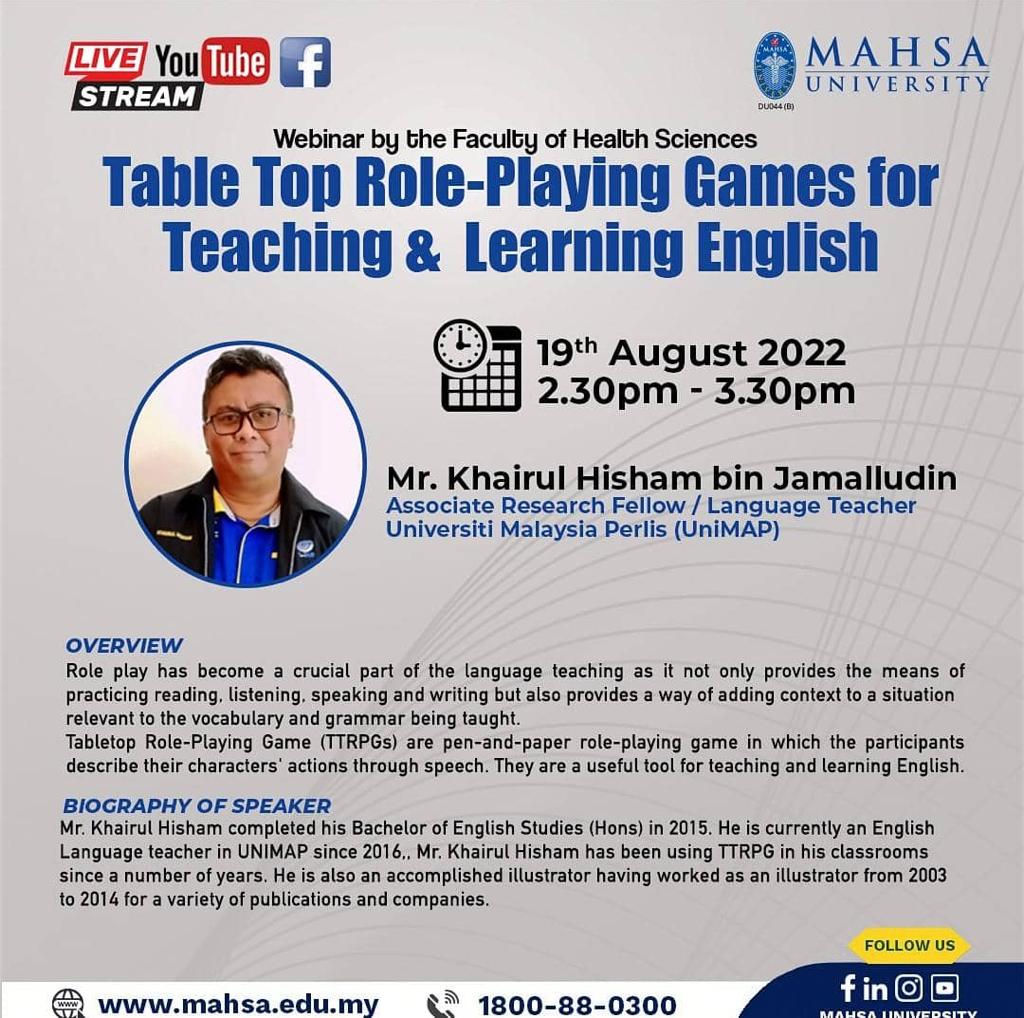 FOHS_MAHSA's tweet photo. TTRPG, which also stands for Tabletop Role-Playing Games is a form of role-playing game in which the participants describe their characters' actions through speech. Join us at this webinar organised by the Centre for Education and Language (CEL) to know more. 

#MAHSA #FOHS #CEL https://t.co/RBavbaCbiG