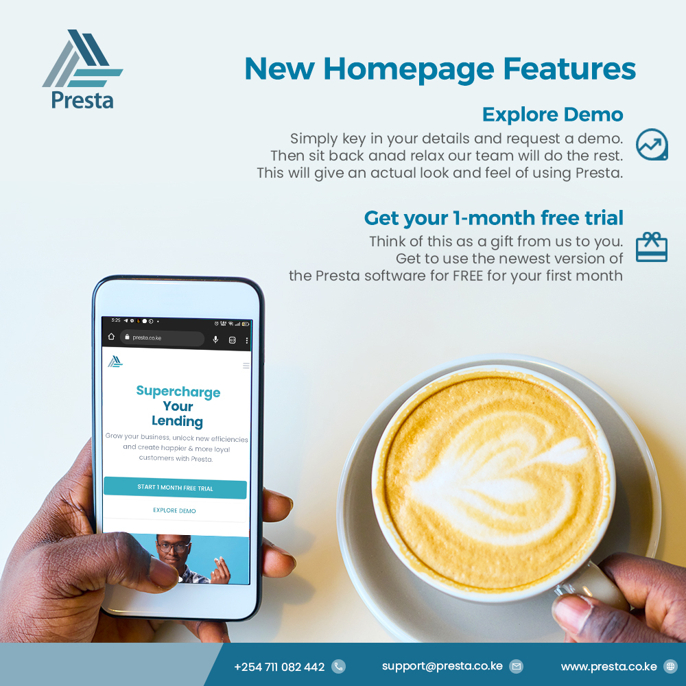 prestaafrica's tweet image. Did you know #presta just revamped their homepage? 
With awesome features, you definitely need to try it out. Features like requesting a demo, and 1 Month Free period.
Go try it out today.🤑
#softwardevelopment #prestaafrica #moneylending #prestaforSACCOS #maishabilastress