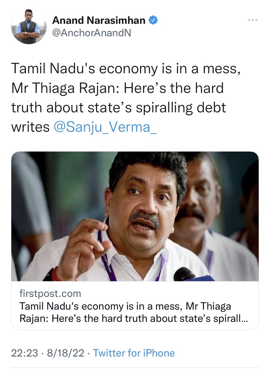 SaketGokhale's tweet image. BJP spokesperson @AnchorAnandN gets another BJP spokesperson (whose knowledge of economics can fit the back of a postage stamp) to attack Tamil Nadu Finance Minister who is also an economist with years of experience. 

10/10 for effort but minus 100 for IQ.