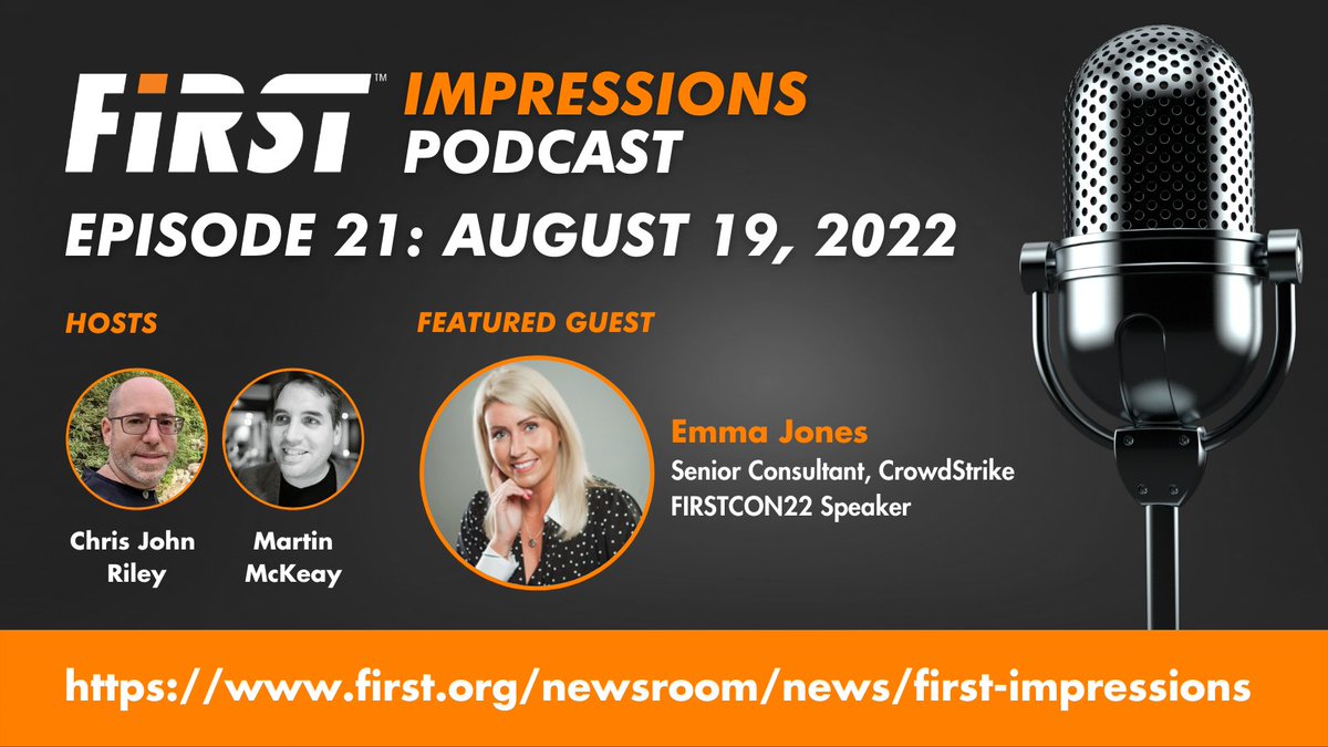 FIRSTdotOrg's tweet photo. In this #FIRSTImpressions episode, podcasters interview #FIRSTCON22 Speaker, Emma Jones, on the importance of #diversity, something we don’t often think about until it's too late. Emma shares tips to assume less and ask more. Available on most platforms: https://t.co/tXQ3PEIONw https://t.co/1VDZAuxlHc