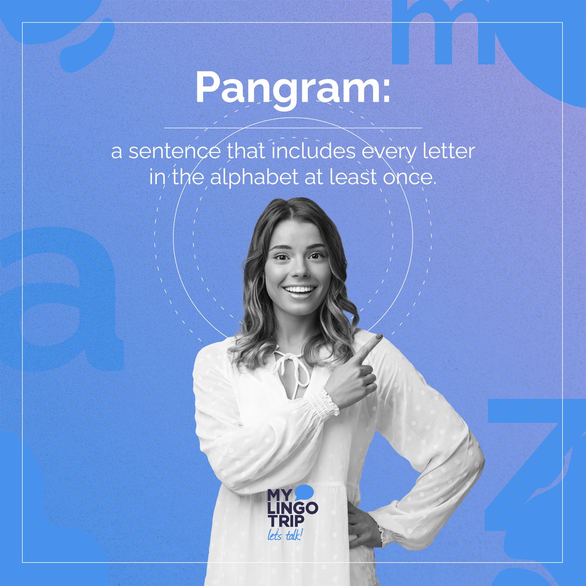 MyLingoTrip's tweet image. A pangram is a sentence in which every letter in the alphabet is used at least once. The most classic example of a pangram is this:
“The quick brown fox jumps over the lazy dog.”
Do you know any other pangrams? 😊
#pangram #elearning #onlinelanguagelearning
