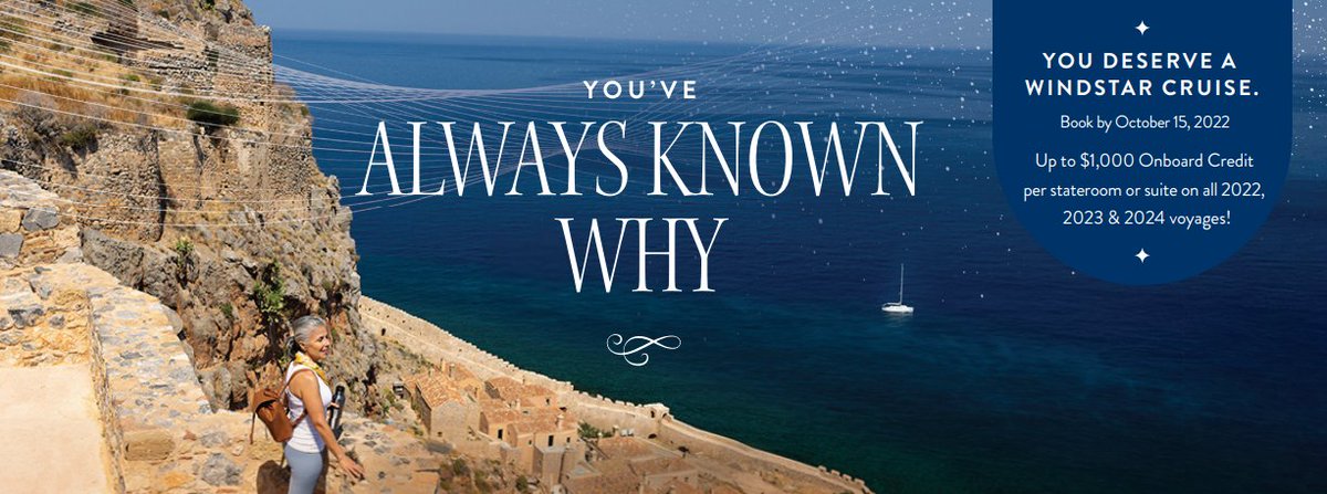 UkWindstar's tweet photo. Your guests deserve a Windstar Cruise! 

Book any 2022, 2023 or 2024 Select Sailing, Star Collector Voyage or Cruise Tour and they will receive up to $1,000 per stateroom or suite Onboard Credit. Book by 15 October https://t.co/KQ4zApCWKc