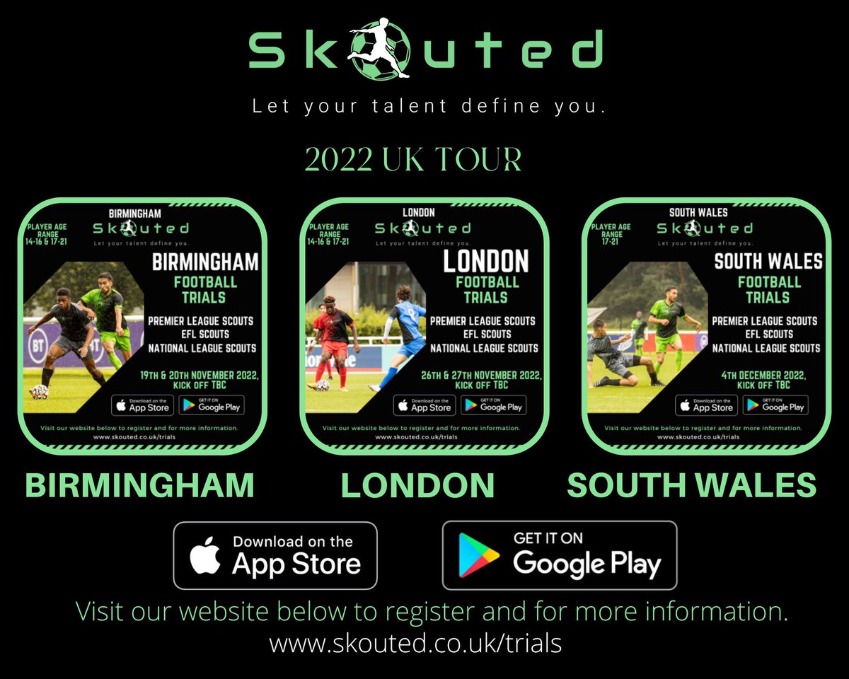 FebianBrandy's tweet photo. Final @SkoutedFootball trials of the year!
📍Birmingham
📍London
📍South Wales
Premier League, EFL and National League scouts in attendance!
Sign up below!
https://t.co/9kUacR1s6w
#Football #Trials #BeSeen #BeSkouted #Scouts #Scouting https://t.co/fXDAEZog1M