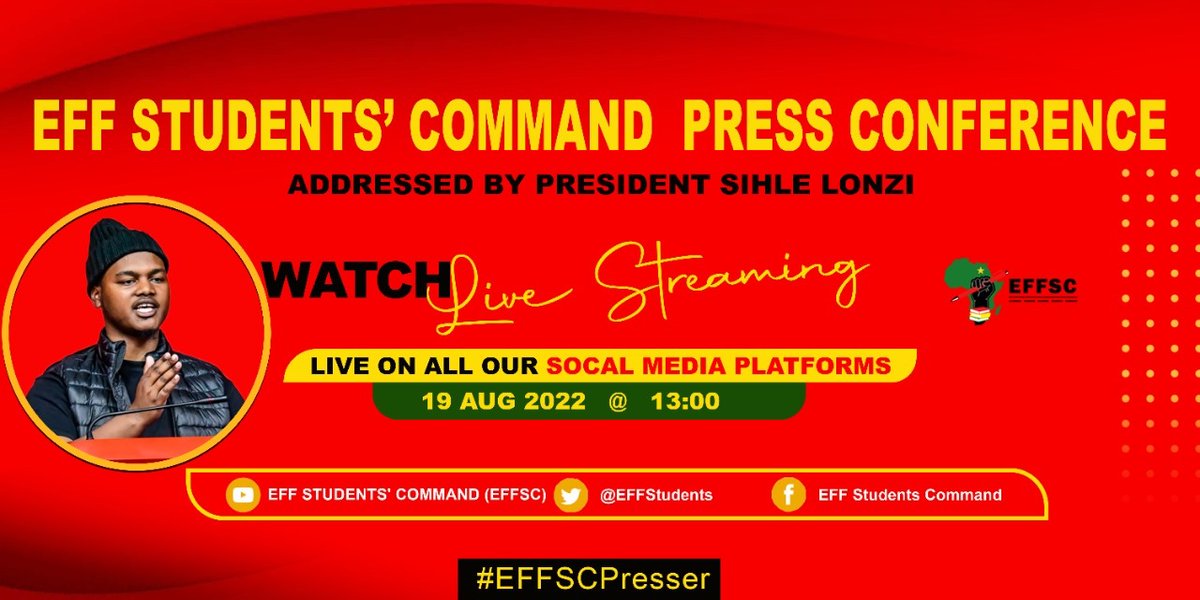 EFFYouthCommand's tweet photo. ♦️Alert♦️

In ONE HOUR President of the EFF Students’ Command, Commissar @SihleLonzi will be addressing the 1st Press Briefing of the 4th Central Students’ Command Team📍

Follow live on all platforms:

Facebook, Twitter &amp; YouTube! 

#RamaphosaMustGo
#StudentWarsAreCommunityWars https://t.co/u41YxfQt1Y