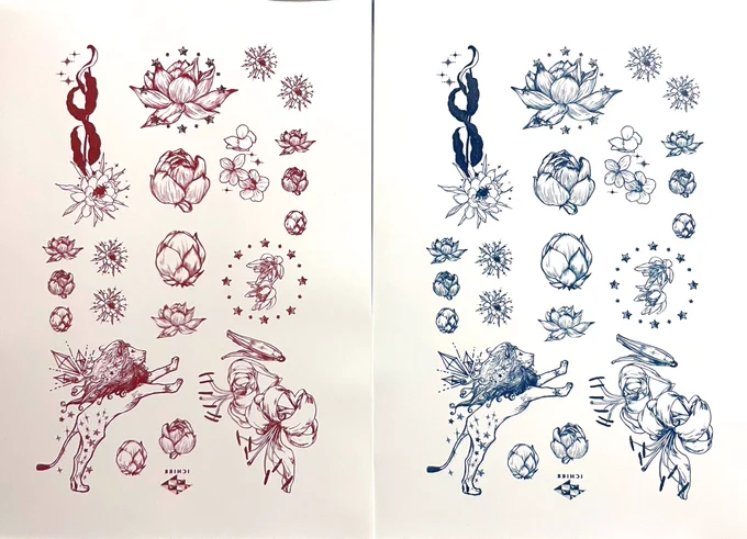 タトゥーシールの最終サンプル出来ました!OKです。
使い易さを考慮し、当初より絵柄が減ったりもしましたがご満足いただけますように 