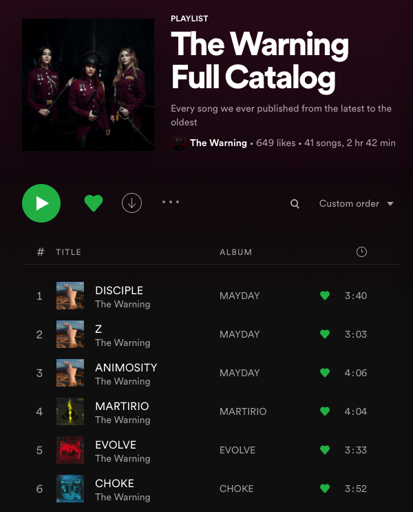 TheWarningAust's tweet photo. Listen to @TheWarningBand2's full catalogue of music on @Spotify! π§
Share with friends and new listeners!
π https://t.co/DH9eoQAl8R π
#TW3 #Spotify #TheWarning #TheWarningBand #TheWarningDisciple #TheWarnngAnimosity #thewarningrockband #rockband #SpotifyPlaylist #Music https://t.co/CEzqNvbeer