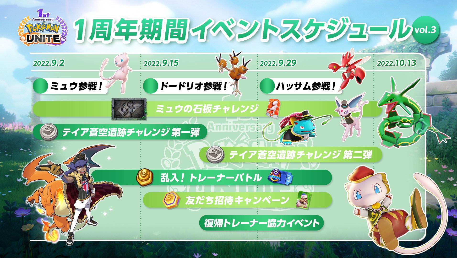 ポケモンユナイト公式 9月から始まる ポケモンユナイト1周年期間のゲーム内イベントスケジュールvol 3を公開 盛りだくさんな内容をお見逃しなく T Co Vz8vt5upw8 ポケモンユナイト ポケモンユナイト1周年 T Co Qb49th98ql Twitter