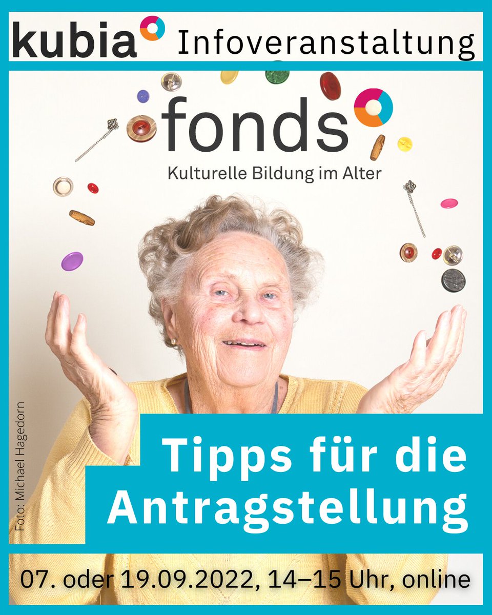 Aus dem Fonds #KulturelleBildung im #Alter fördern wir mit Mitteln des <a href="/MKW_NRW/">mkw.nrw</a> Kulturprojekte mit Älteren. Bewerbung bis 30.09.2022. Online-Infotermine am 07. und 19.09. Alle Infos unter: kubia.nrw/foerderung  
 #KulturFinanzieren #KulturNRW #KulturelleTeilhabe