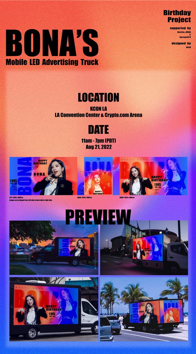 bbotiful_BONA's tweet photo. 【2022 Bona Day】

🚚𝑷𝒂𝒓𝒕 𝑰𝑰𝑰. LED Mobile Advertising Truck

📍: KCON LA (LA Convention Center &amp; Crypto Arena
⏰: Aug 21, 2022 11am - 7pm (PDT)

All fans &amp; Ujungs are warmly welcomed to take moments snap

with @bbotopia819 

#우주소녀    #보나 #WJSN    #BONA #HappyBonaDay https://t.co/Z912WzGBod