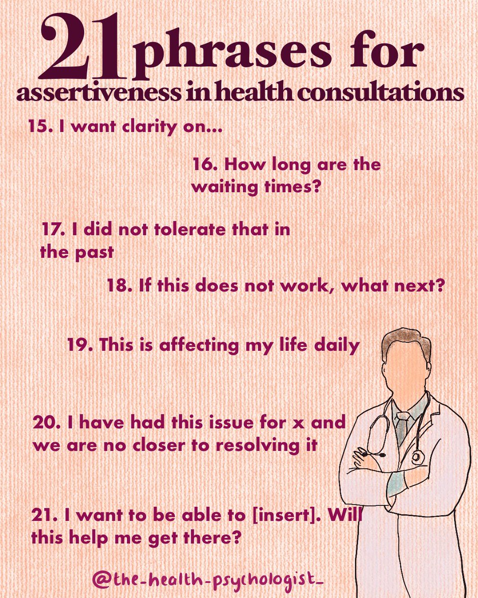 One fundamental skill for navigating the healthcare system with chronic illness?

Assertiveness. 

It goes such a long way. I’ve seen it personally and professionally. 

I created some key assertive phrases for use in the healthcare system. 

#healthpsychology #Health #Patient