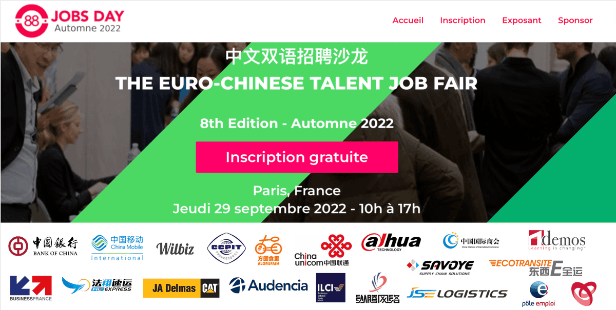 88JOBSfr's tweet photo. Nouveau job de rentrée ? Nouveau stage, Alternance ?
新学年的新工作？新的实习、工作经验？
Ticket gratuit https://t.co/16FsCUKLVh pour le salon emploi de 88JOBS, spécial amis chinois ou sinophone !
88JOBS招聘会的免费门票https://t.co/16FsCUKLVh，特别是对中国人或说中文的朋友。 https://t.co/HezP2GWIog