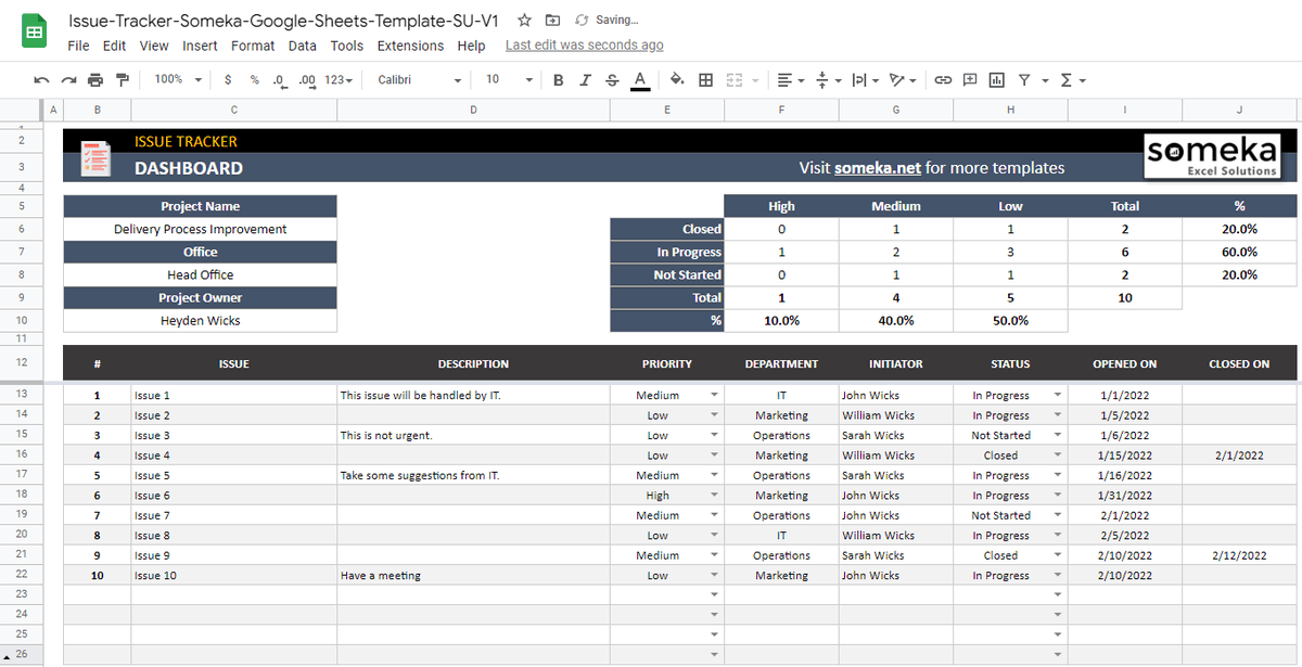 SomekaNet's tweet photo. ❇️Using this Issue Tracker Google Sheets Template, you can keep track of project issues.
In other words, using this issue tracking template for Google Sheets, you can quickly and easily resolve issues.
✅https://t.co/iQ91WEKGzq
#issuetracker #issue #issuemanagement #someka https://t.co/30pObmPf1A